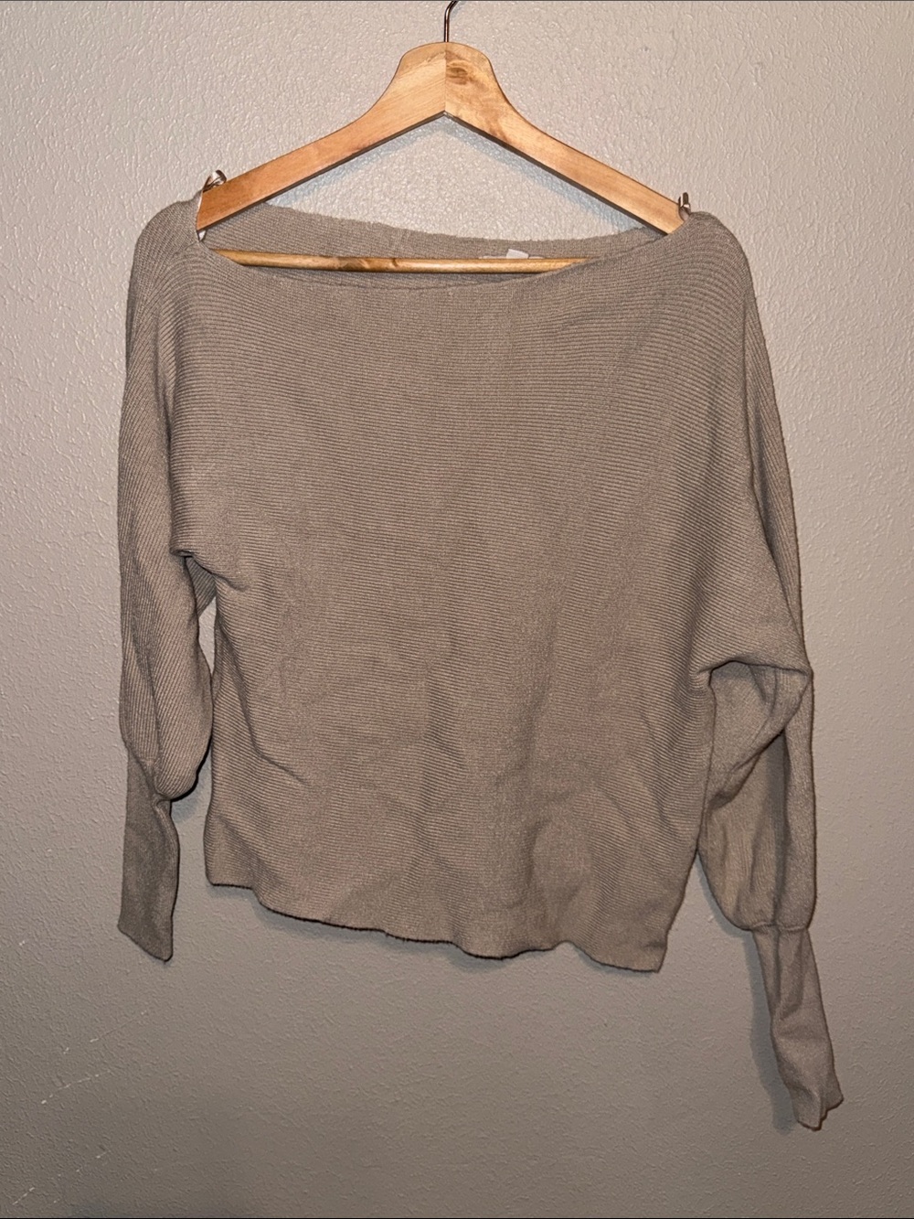 Cato Off-the-Shoulder Knit Asymmetrical Sweater in Taupe